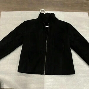 [L]Tristan & Iseut Black Faux Suede full Zipper Cropped Jacket Sherpa Lining